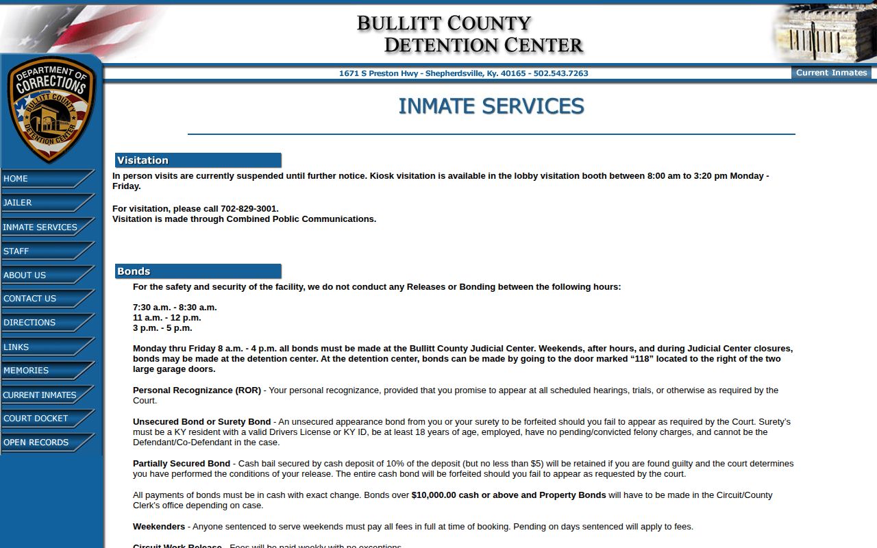 Bullitt County released inmate bonding and release blackout periods