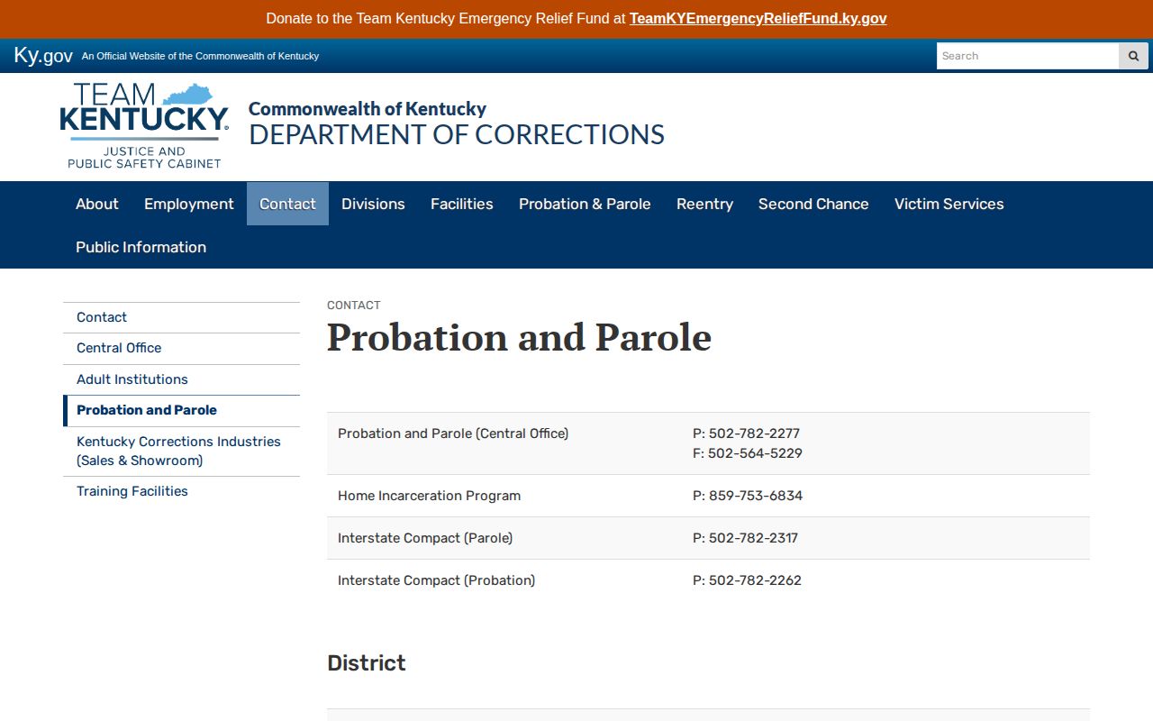 Kentucky Department of Corrections Probation and Parole contact page for Bullitt County and District 5